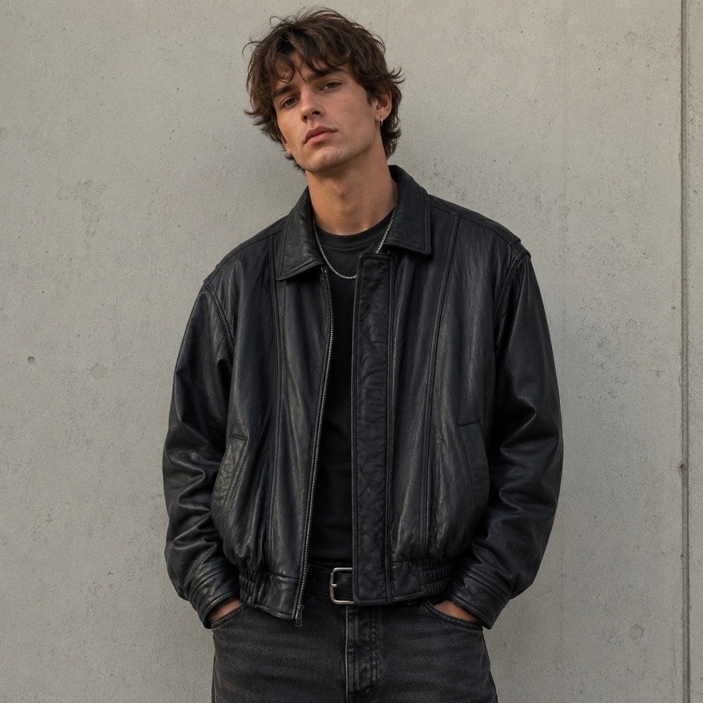London Fog Genuine Leather Bomber Jacket Mens XL Blk Full Zip Pilot Flight Urban